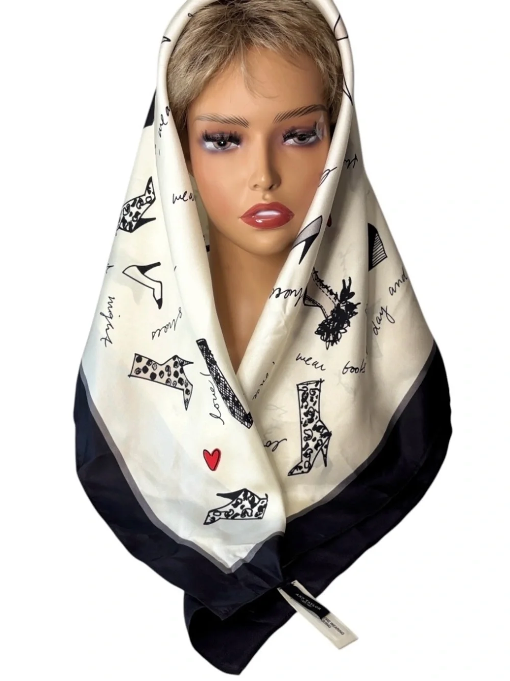NEW Ann Taylor Shoe Print Silky Satin Square Scarf Black White Red Hearts NWT